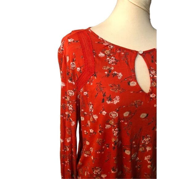 LUCKY BRAND Keyhole Red Floral BOHO Peasant Blouse - Picture 3 of 10